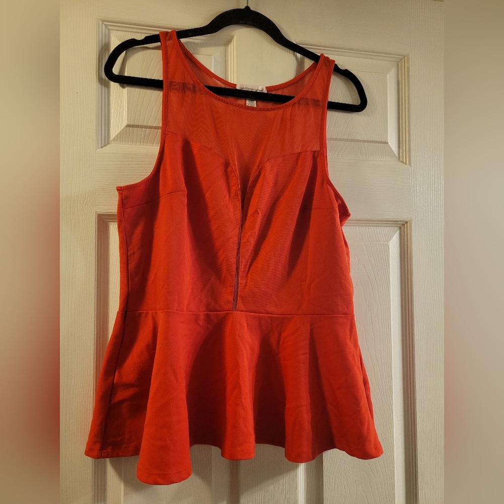 Red peplum top sheer sweet heart neck lone goes midway down chest size 2x